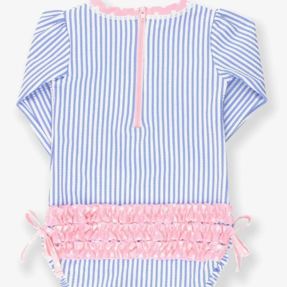 Seersucker Periwinkle Blue Long Sleeve Rash Guard One Piece - Size 0-3 Months